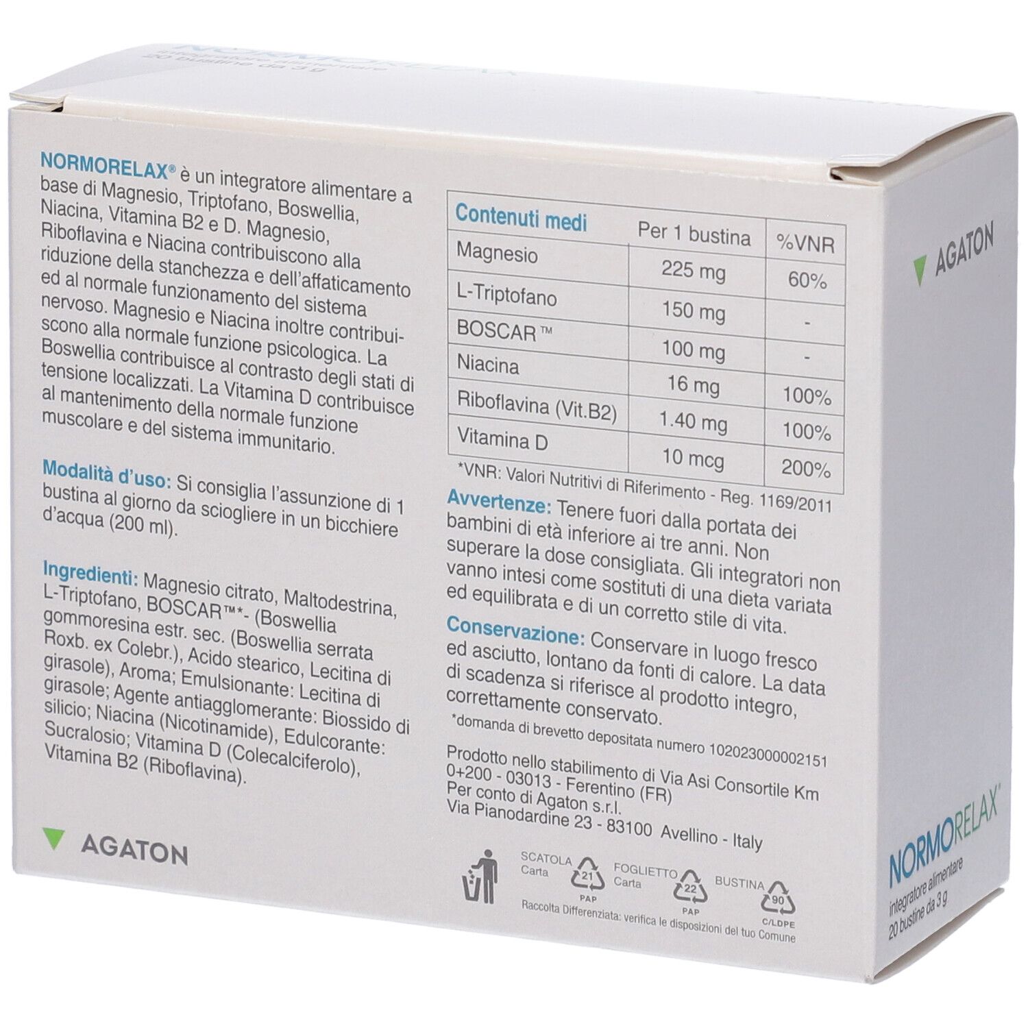 Retro della scatola bianca con informazioni nutrizionali e tabella dei valori. Contiene ingredienti e dosaggio.