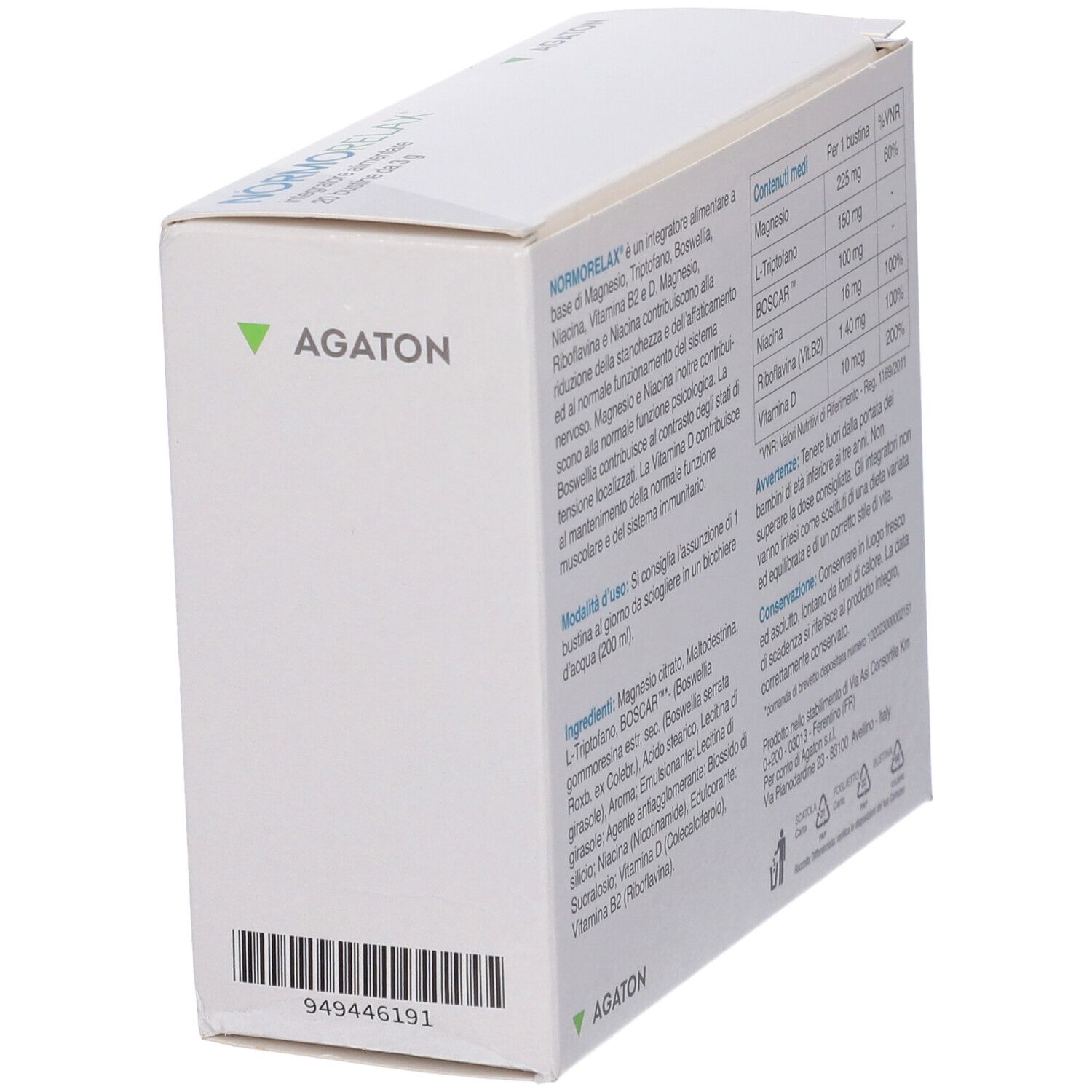 Scatola bianca, retro con testo e codice a barre. Contiene informazioni sugli ingredienti e il produttore.