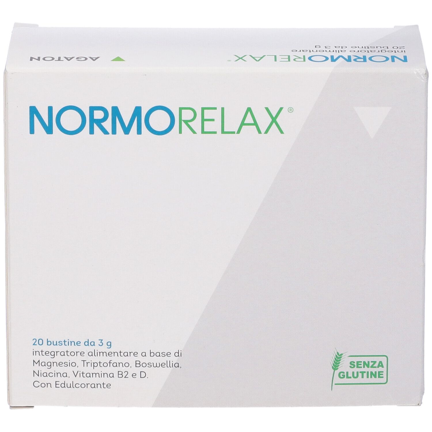 Scatola bianca con logo verde e scritta NORMORELAX. Contiene 20 bustine. Sigillo senza glutine.