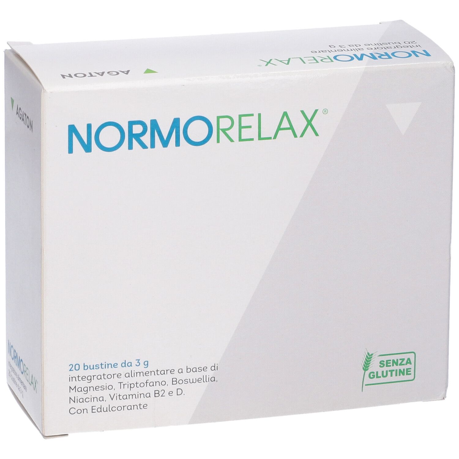 Scatola bianca con logo verde e scritta NORMORELAX. Contiene 20 bustine. Sigillo senza glutine.