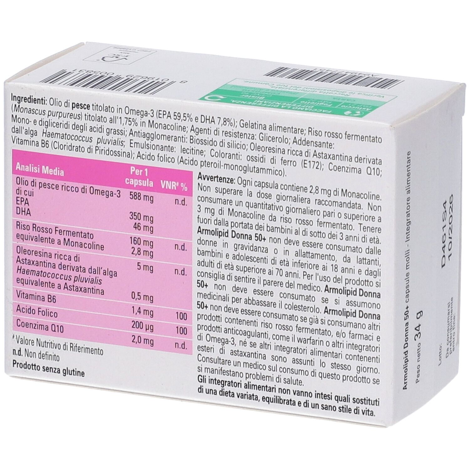 Retro della scatola. Contiene informazioni sugli ingredienti e i valori nutrizionali di Armolipid Donna 50+.