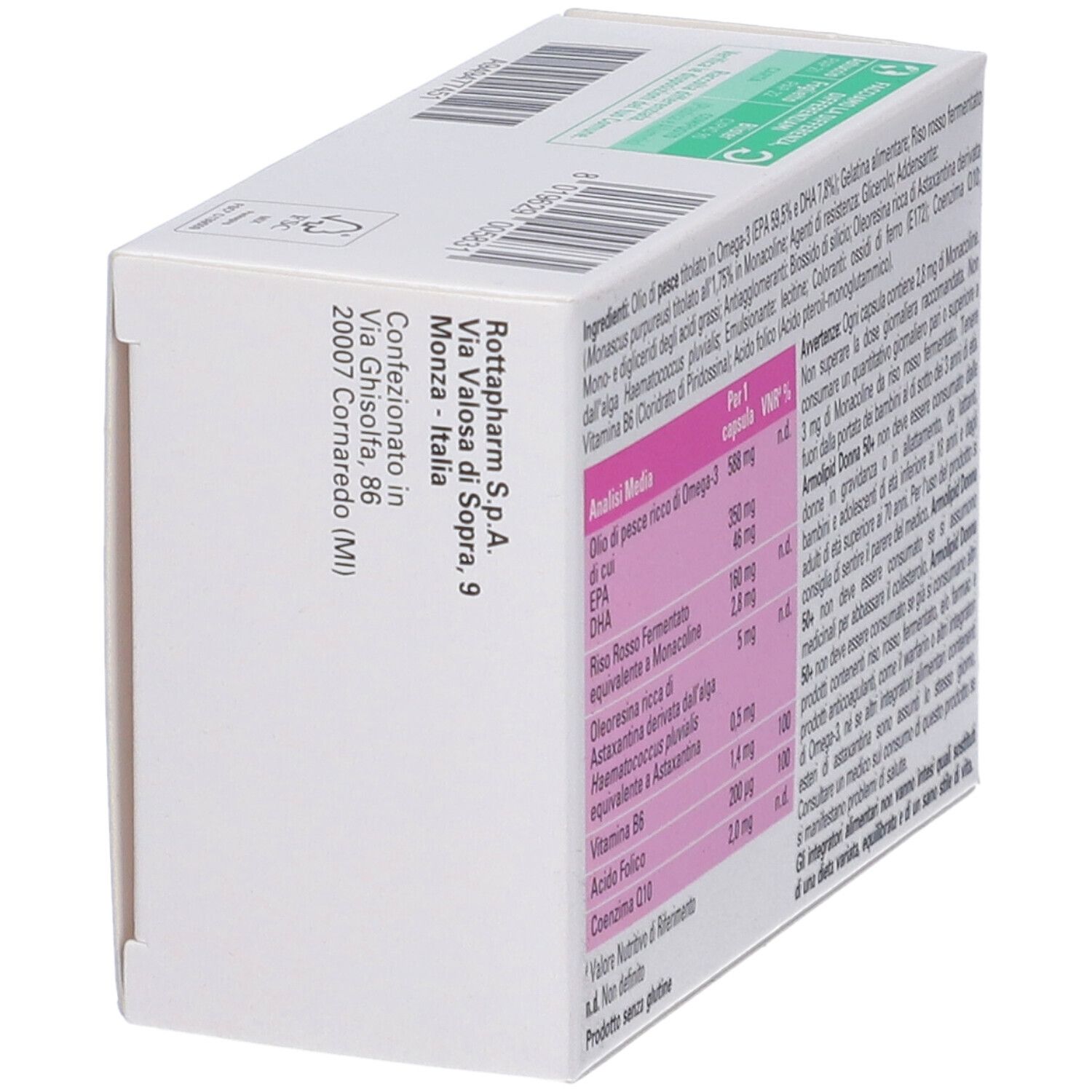 Scatola con informazioni sugli ingredienti e il produttore. Armolipid Donna 50+.