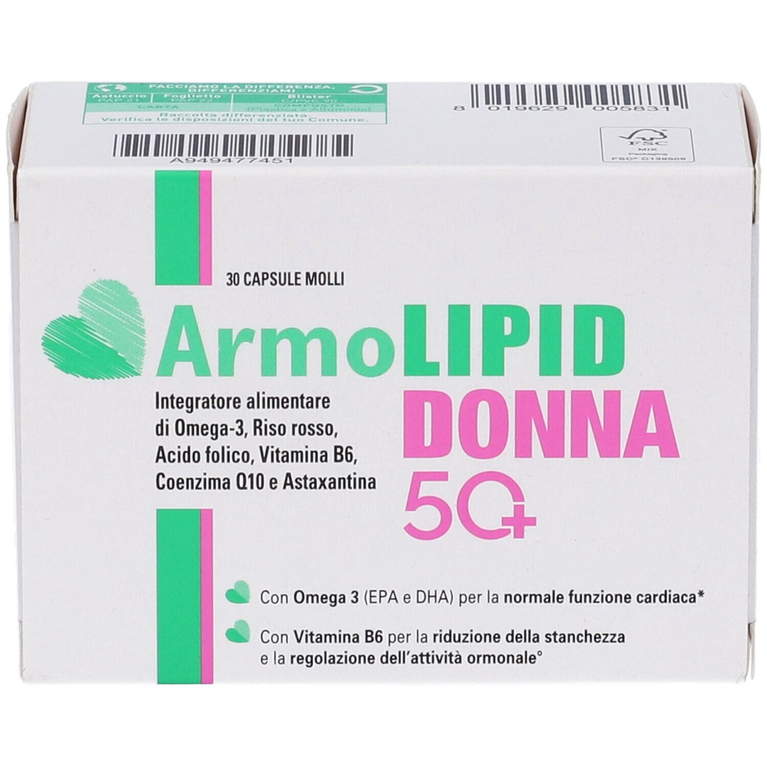 Scatola bianca Armolipid Donna 50+. Contiene 30 capsule molli. Accenti verdi e rosa.