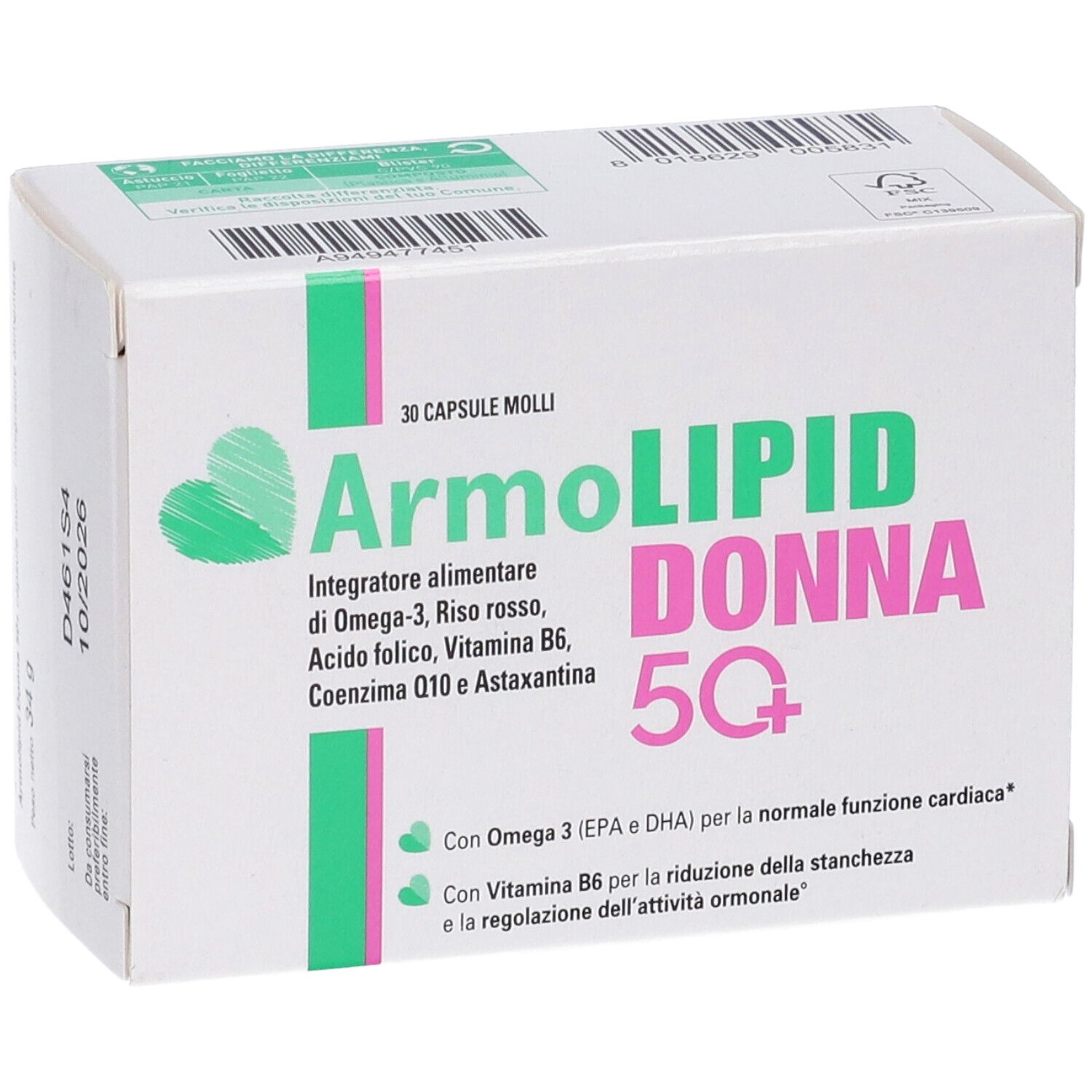 Scatola bianca Armolipid Donna 50+. Contiene 30 capsule. Da consumarsi entro 10/2026.