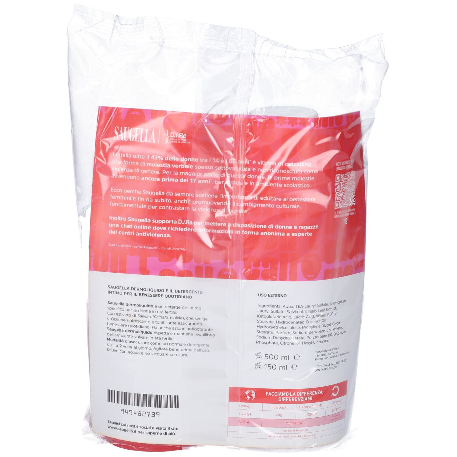 Retro confezione con testo e informazioni. Sfondo rosso, scritte bianche. Flacone e barattolo visibili.