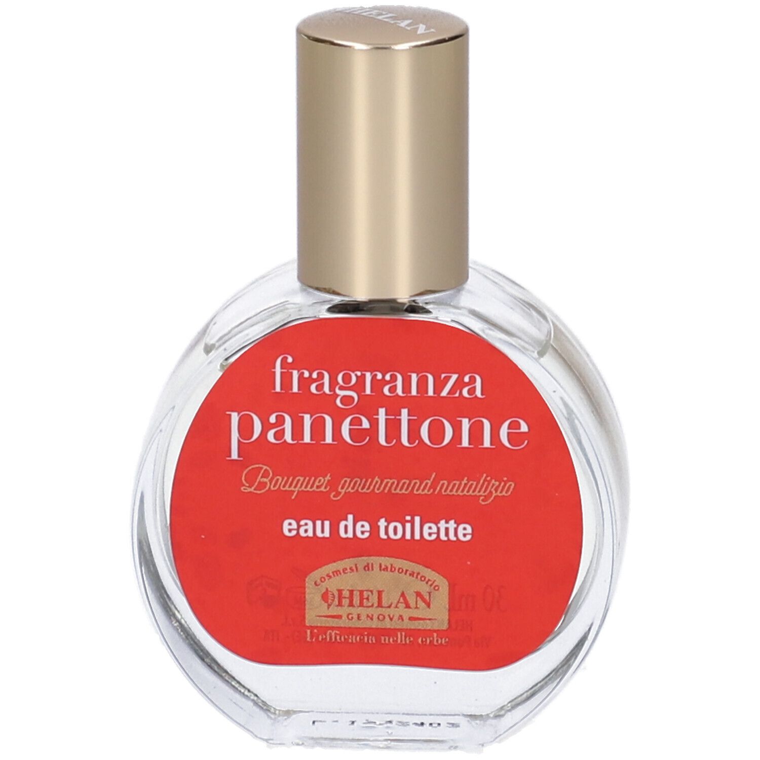 Flacone rotondo con etichetta rossa. Scritta: fragranza panettone, eau de toilette. Tappo dorato.