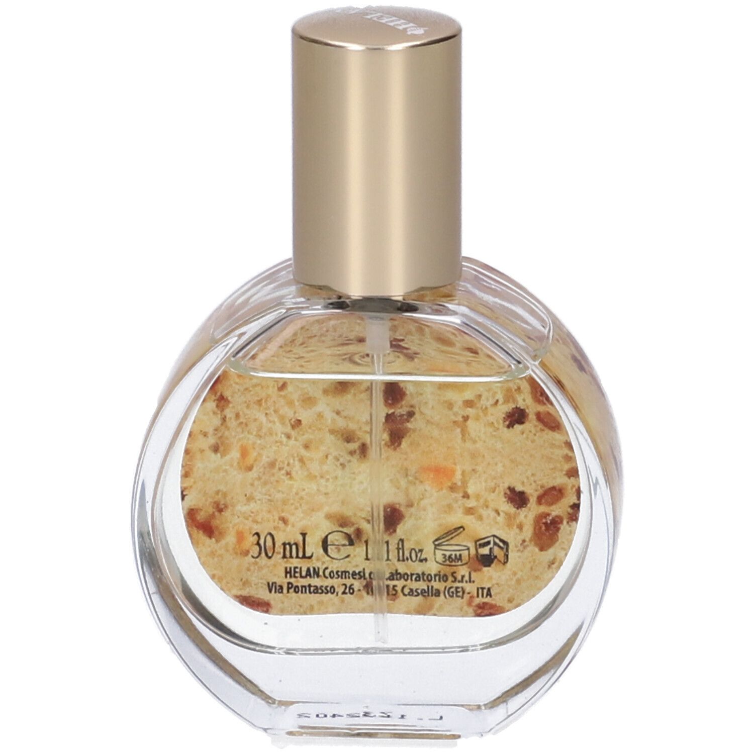 Flacone rotondo con etichetta rossa. Scritta: fragranza panettone, eau de toilette. Tappo dorato. 30 ml.