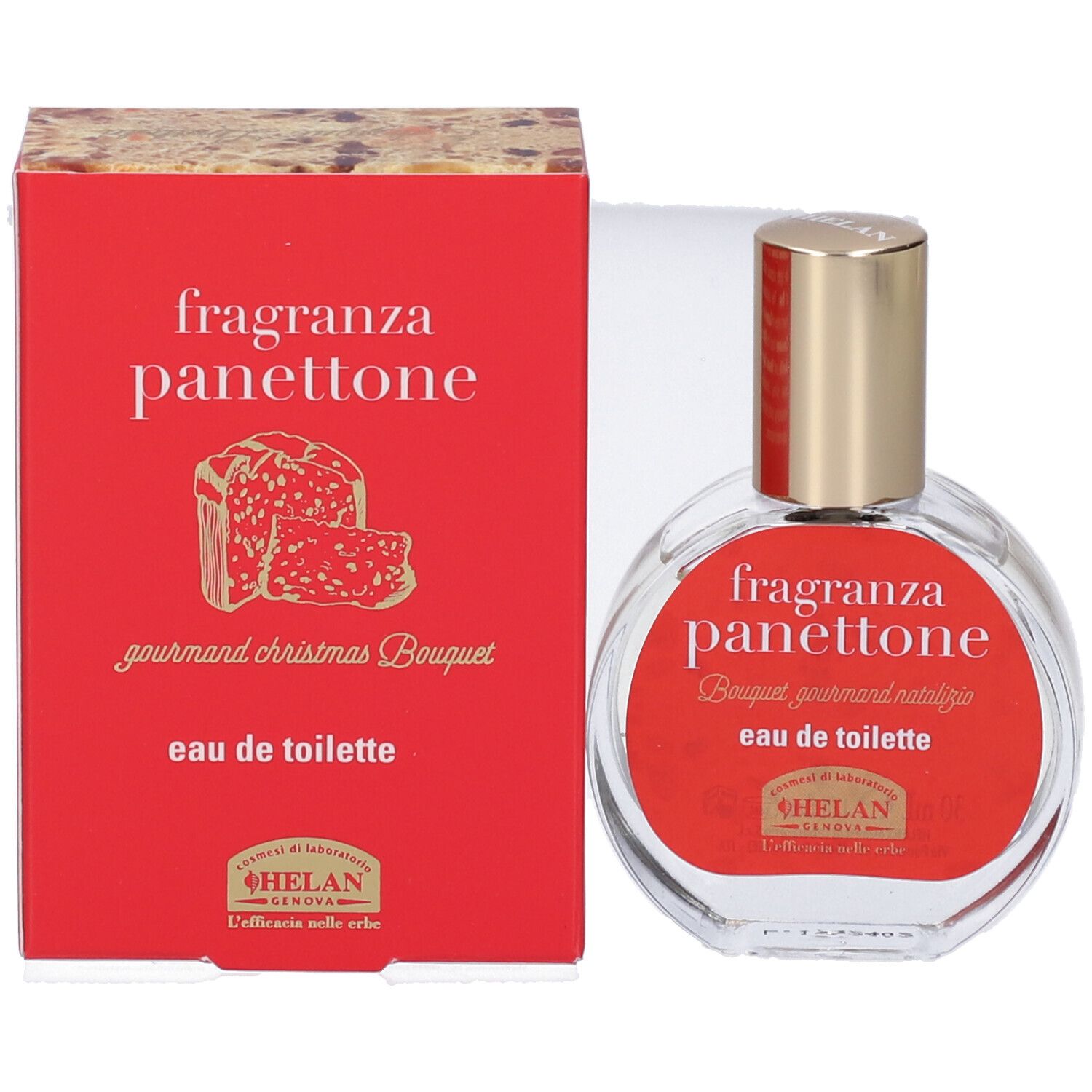 Scatola rossa e flacone rotondo. Scritta: fragranza panettone, eau de toilette. Tappo dorato.