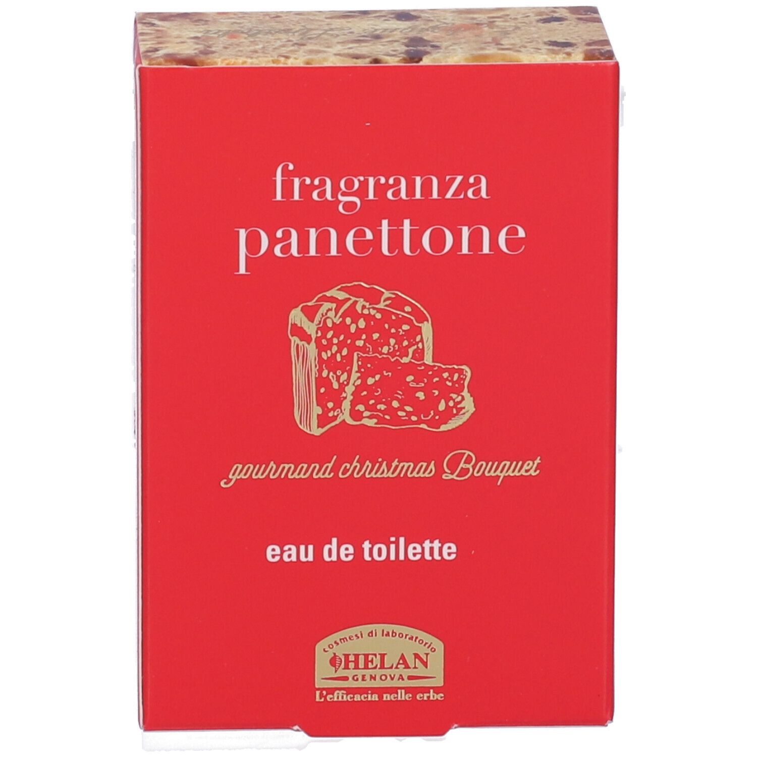 Scatola rossa con testo. Scritta: fragranza panettone, eau de toilette. Illustrazione di panettone.