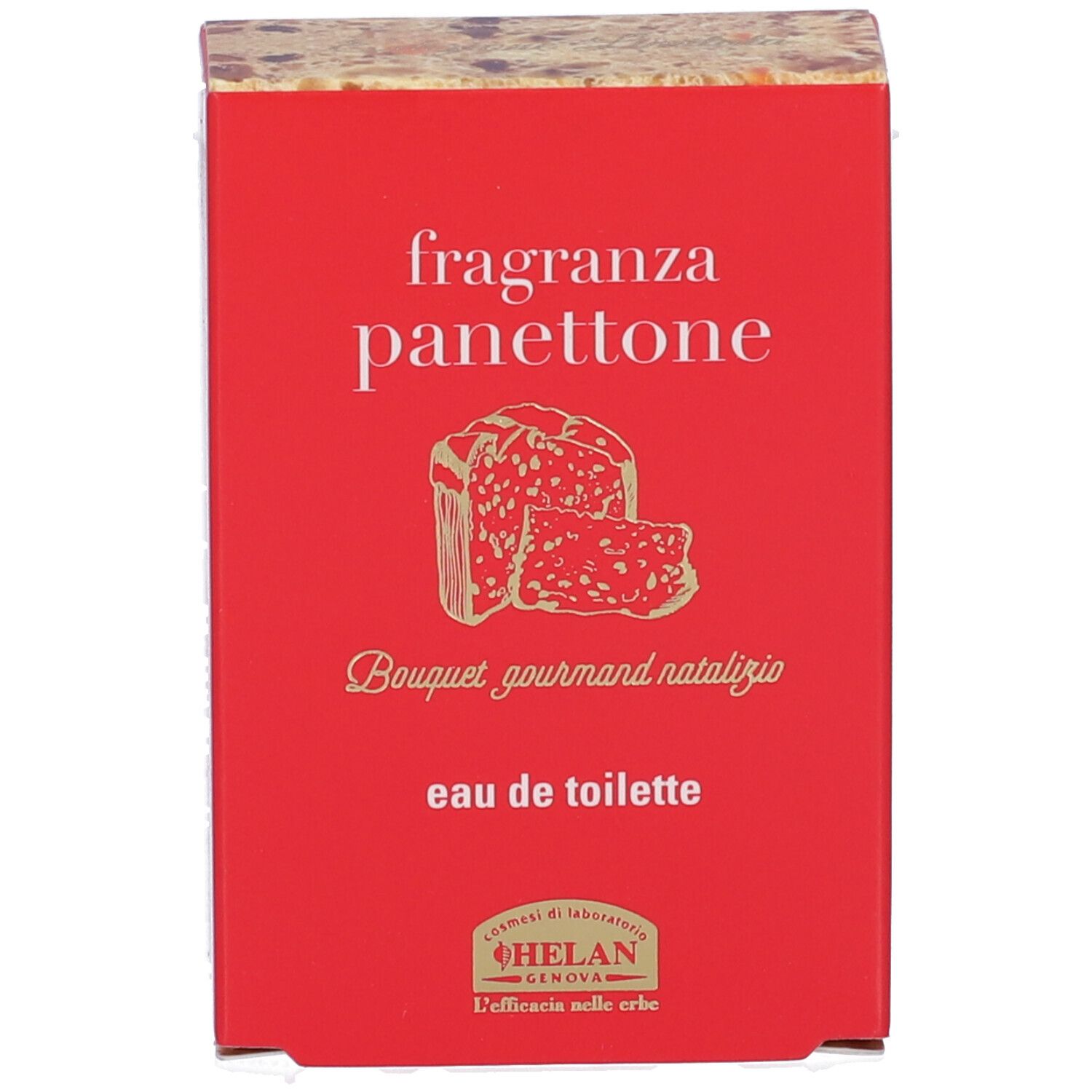 Scatola rossa con testo. Scritta: fragranza panettone, eau de toilette. Testo sul lato.
