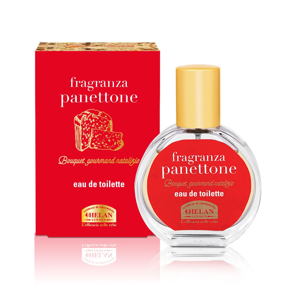 Scatola rossa e flacone rotondo. Scritta: fragranza panettone, eau de toilette. Tappo dorato.