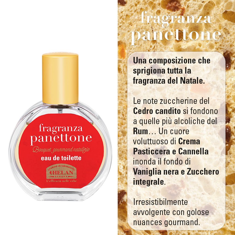 Flacone rotondo con testo e testo accanto. Scritta: fragranza panettone, eau de toilette. Tappo dorato.