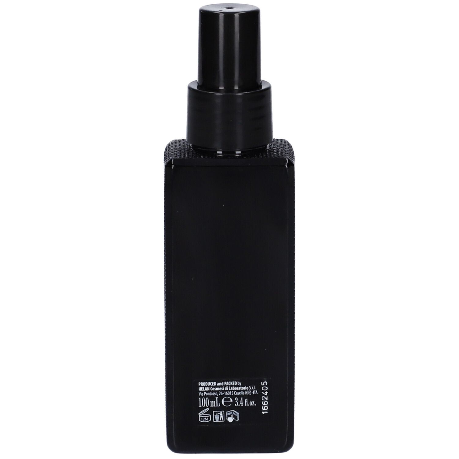 Retro di un flacone spray nero. Nessuna scritta. In basso: informazioni e logo.