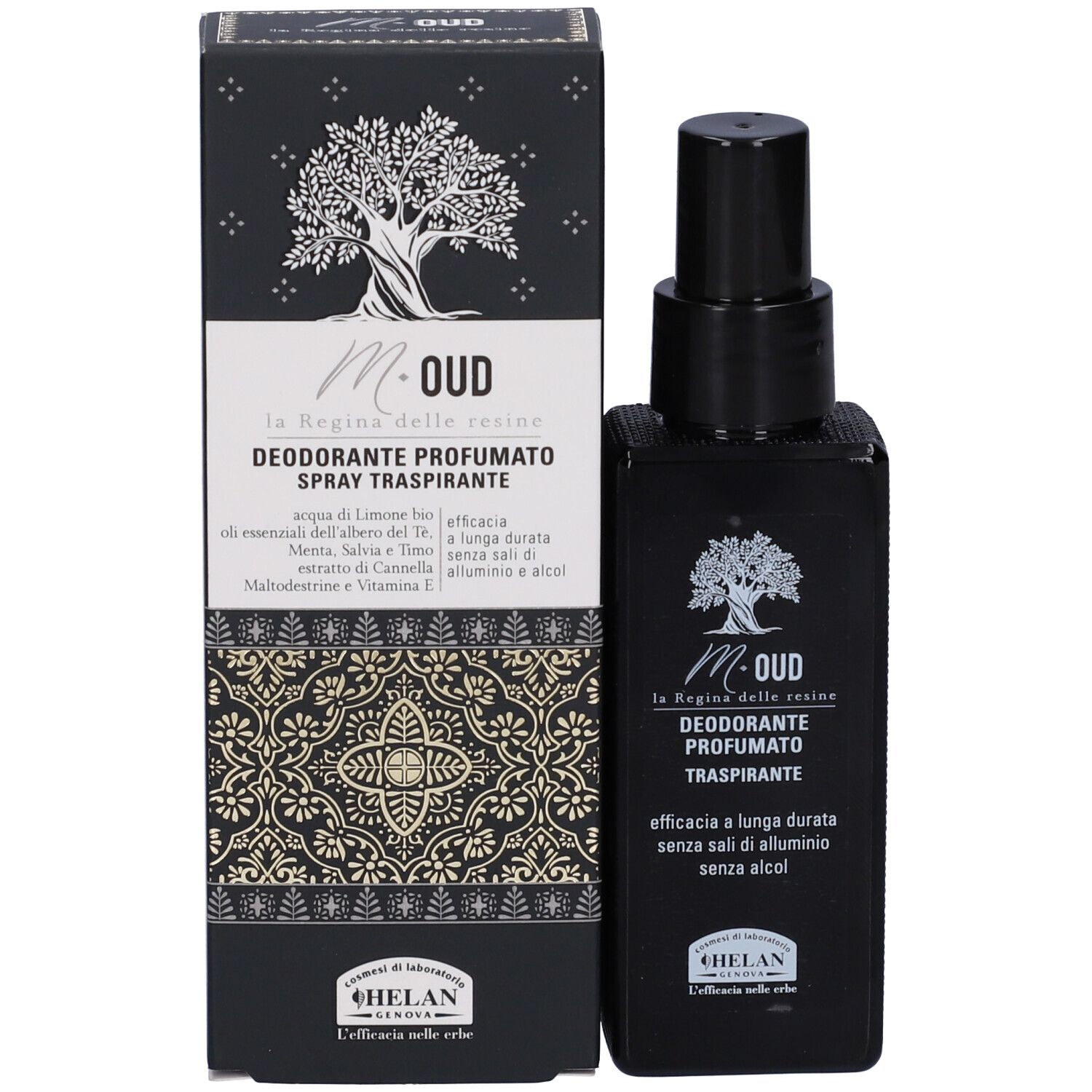 Scatola nera e flacone spray. Scritta: M.OUD, Deodorante Profumato Traspirante. Marchio: Helan. Confezione con motivo.