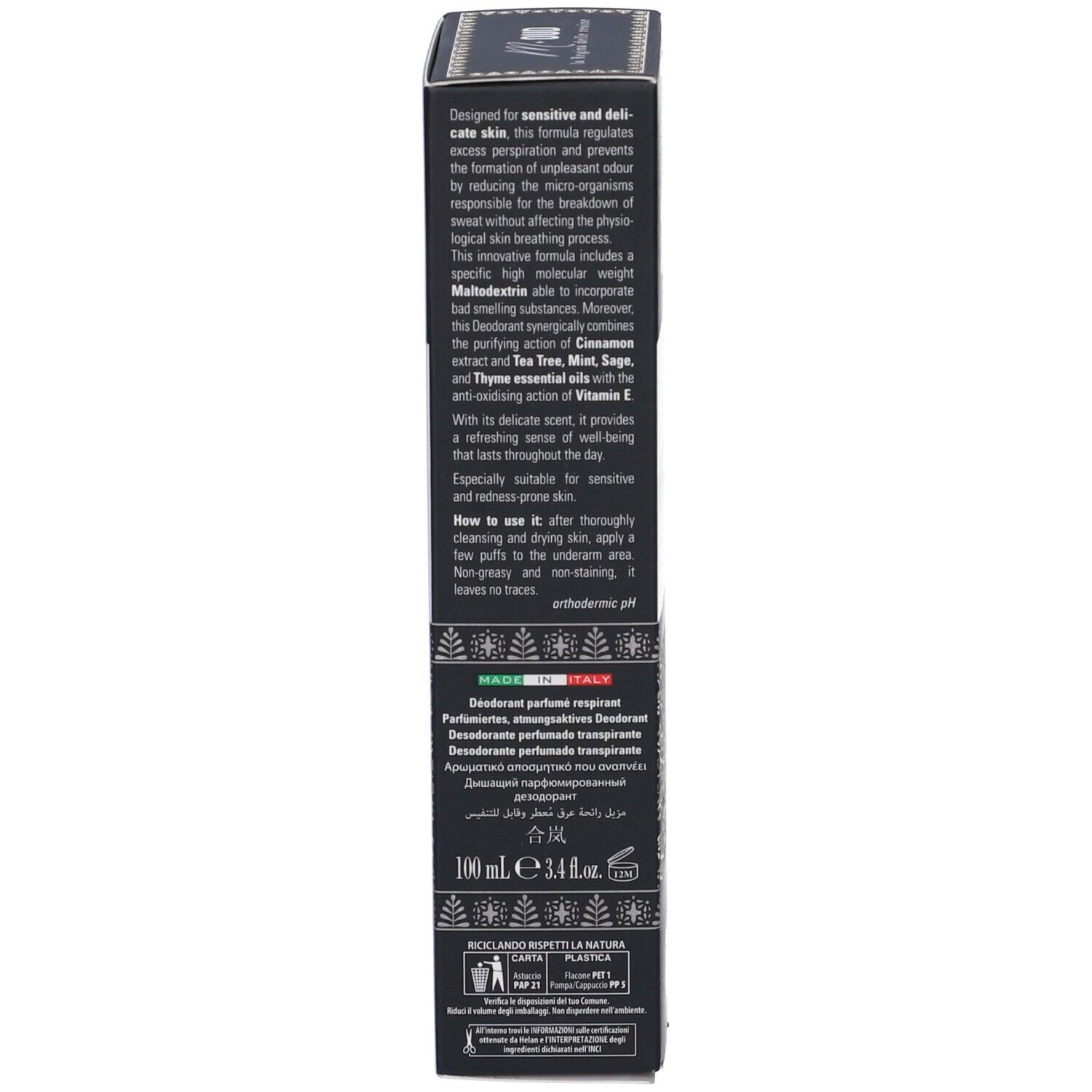 Scatola nera, vista laterale. Testo: ingredienti, uso, origine. Loghi e certificazioni.