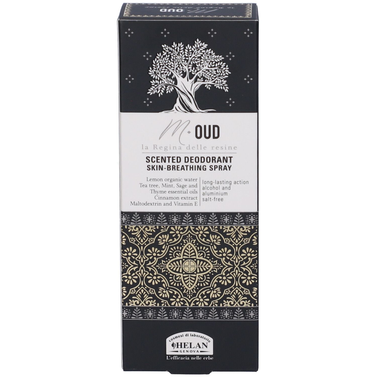 Scatola nera con scritta: M.OUD, Scented Deodorant Skin-Breathing Spray. Marchio: Helan. Ingredienti.