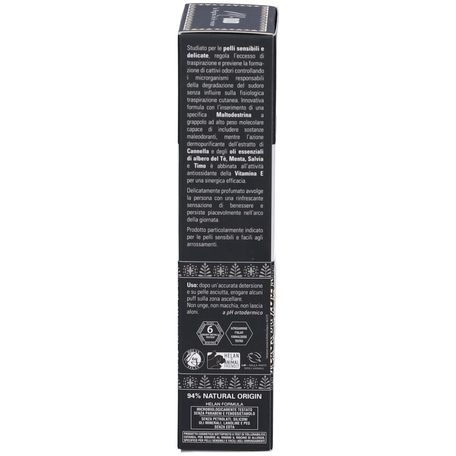 Scatola nera, vista laterale. Testo: uso, ingredienti. Loghi e certificazioni.