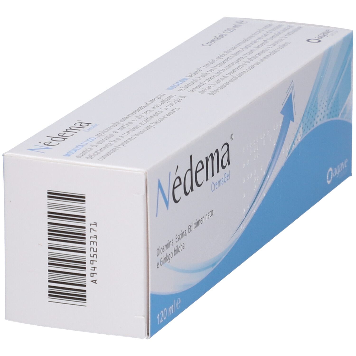 Scatola con nome del prodotto e codice a barre. Accenti blu. 120 ml.