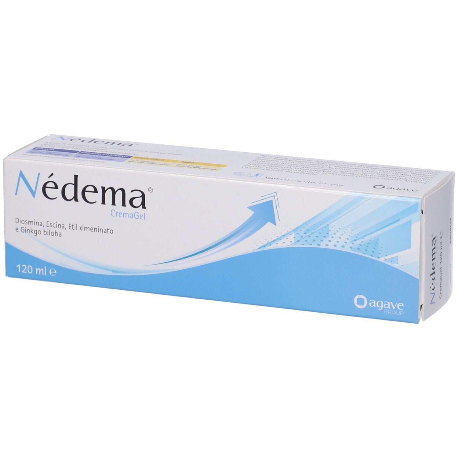 Scatola bianca e blu con nome del prodotto e ingredienti. 120 ml. Design freccia.