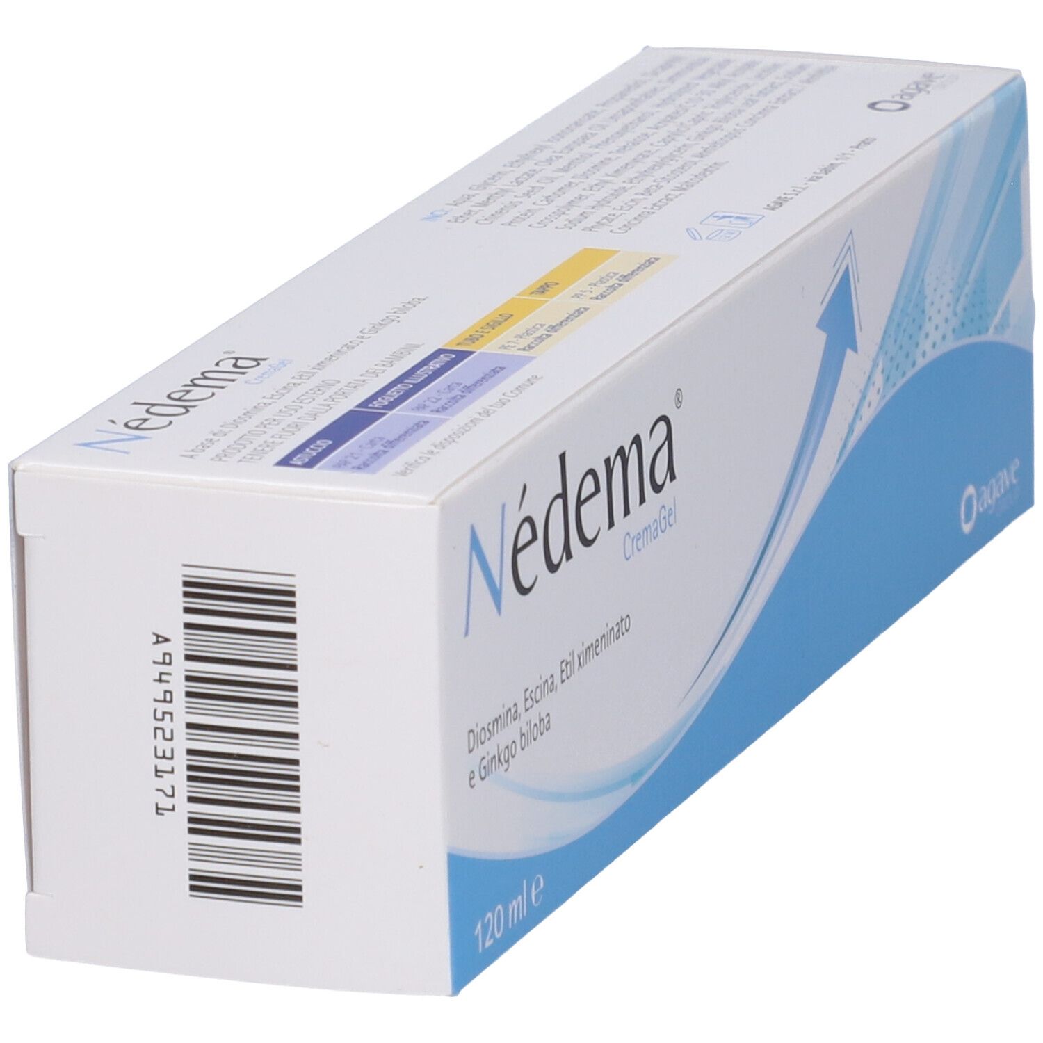 Scatola con nome del prodotto, codice a barre e ingredienti. Accenti blu. 120 ml.