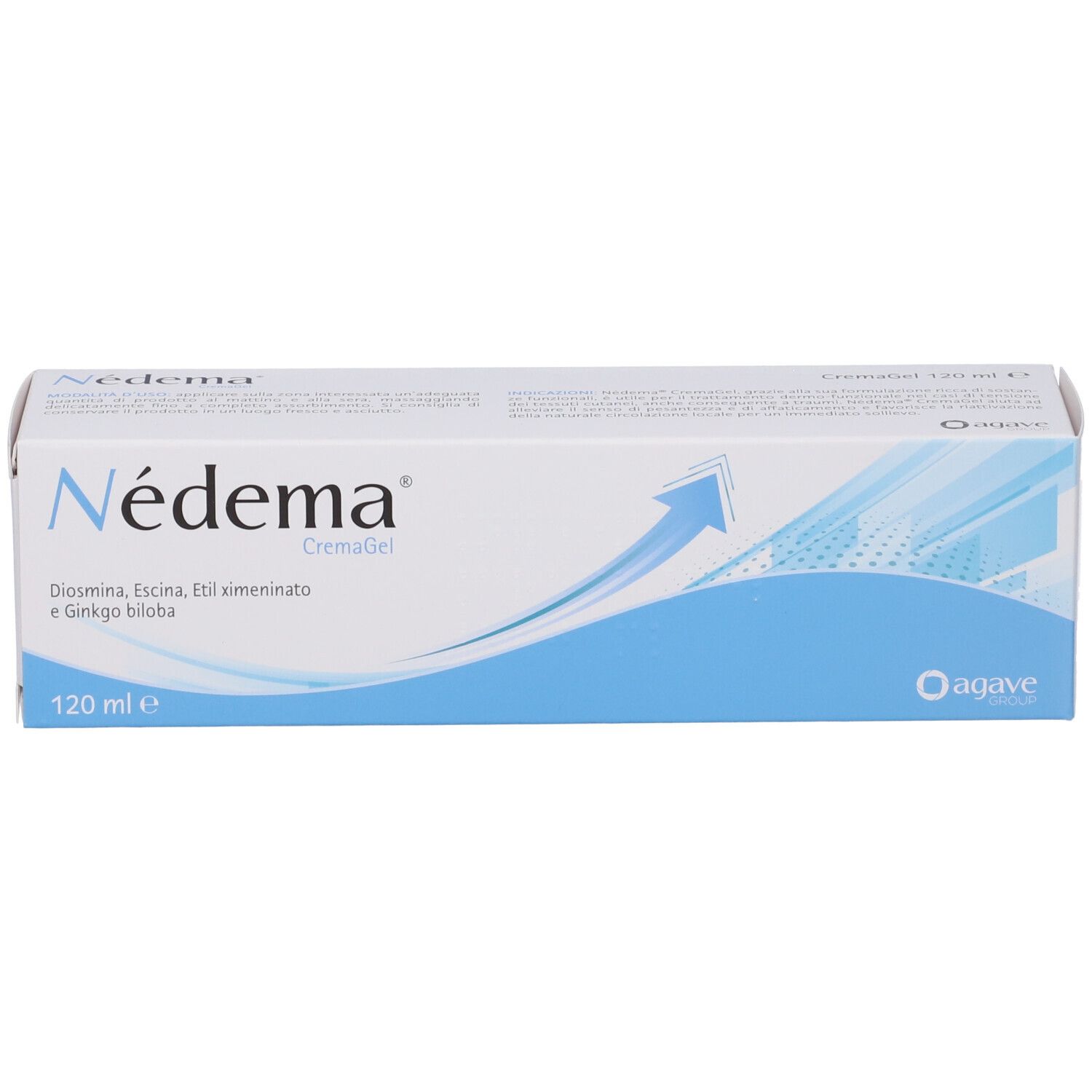 Scatola bianca e blu con nome del prodotto e ingredienti. 120 ml. Design freccia.