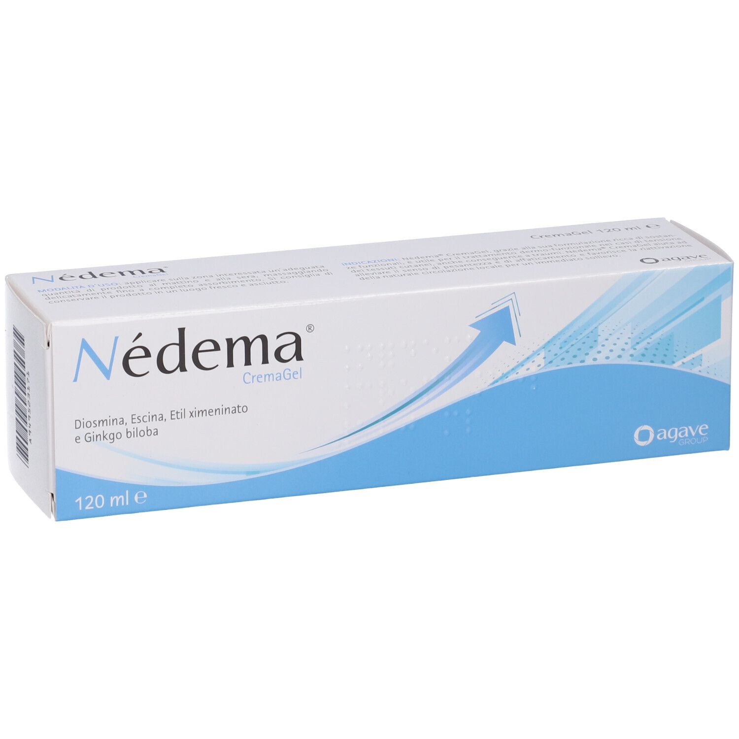 Scatola bianca e blu con nome del prodotto e ingredienti. 120 ml. Design freccia.