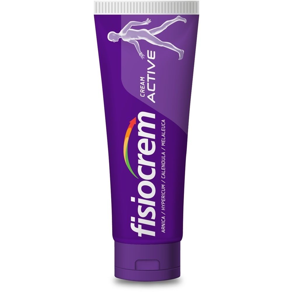 Tubo viola con stampa bianca. Fisiocrem Cream Active. Contiene Arnica, Hypericum, Calendula, Melaleuca. Figura umana.