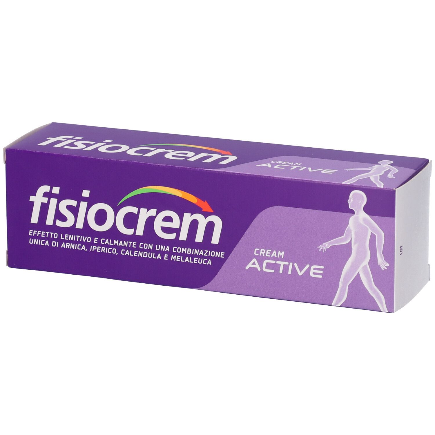 Scatola viola con stampa bianca. Fisiocrem Cream Active. Contiene Arnica, Hypericum, Calendula, Melaleuca. Figura umana.