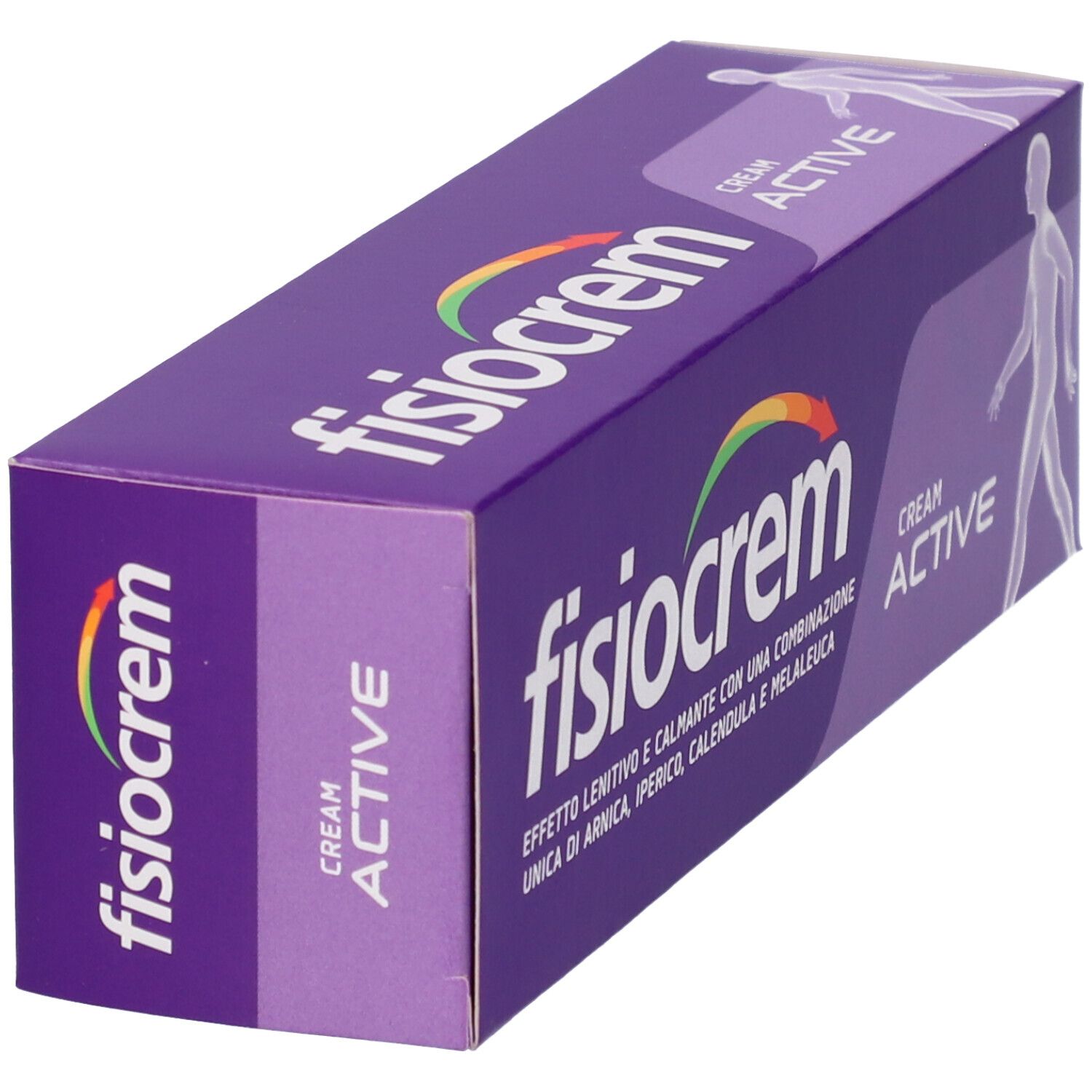 Scatola viola con stampa bianca. Fisiocrem Cream Active. Contiene Arnica, Hypericum, Calendula, Melaleuca. Vista obliqua.