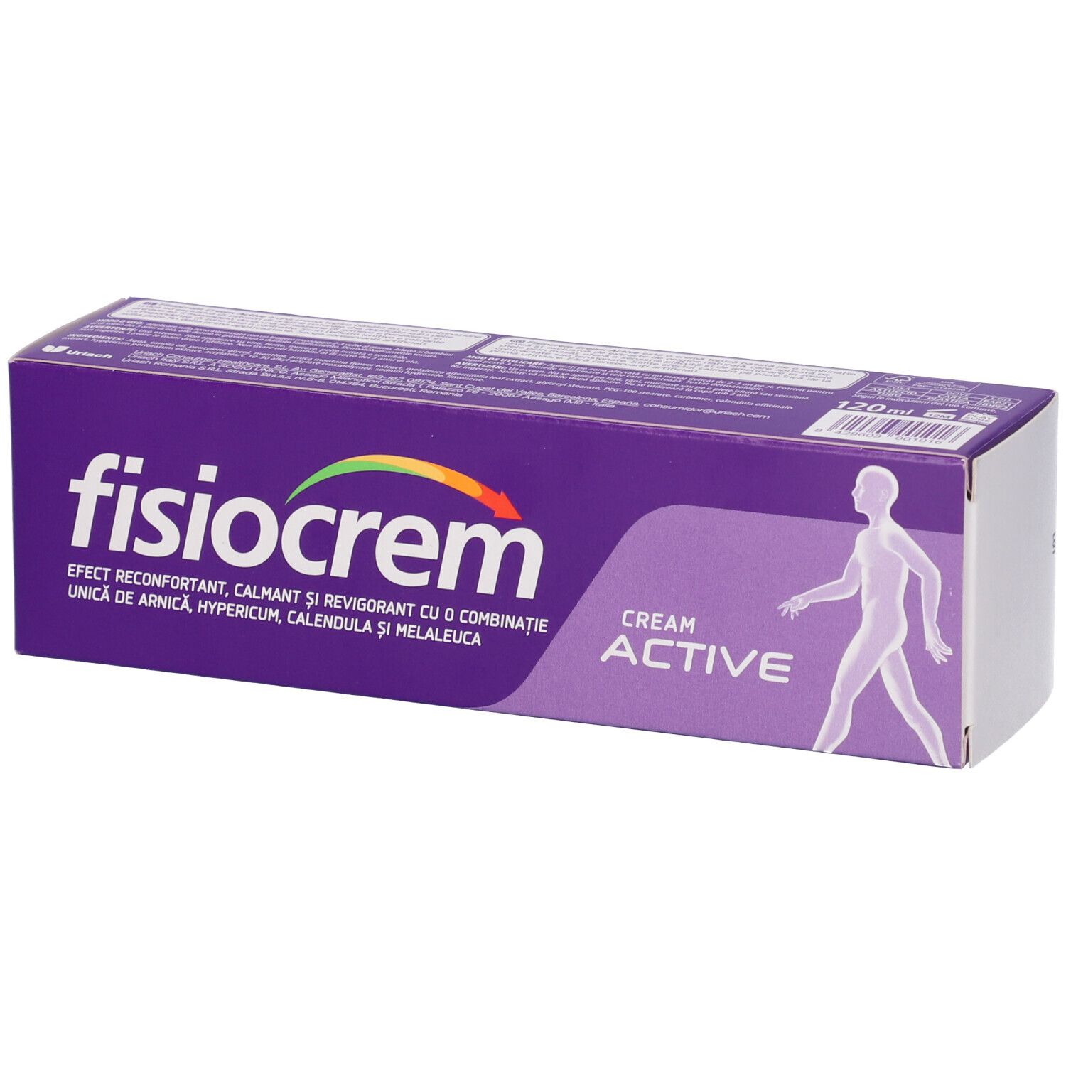 Scatola viola con stampa bianca. Fisiocrem Cream Active. Contiene Arnica, Hypericum, Calendula, Melaleuca. Retro con testo.