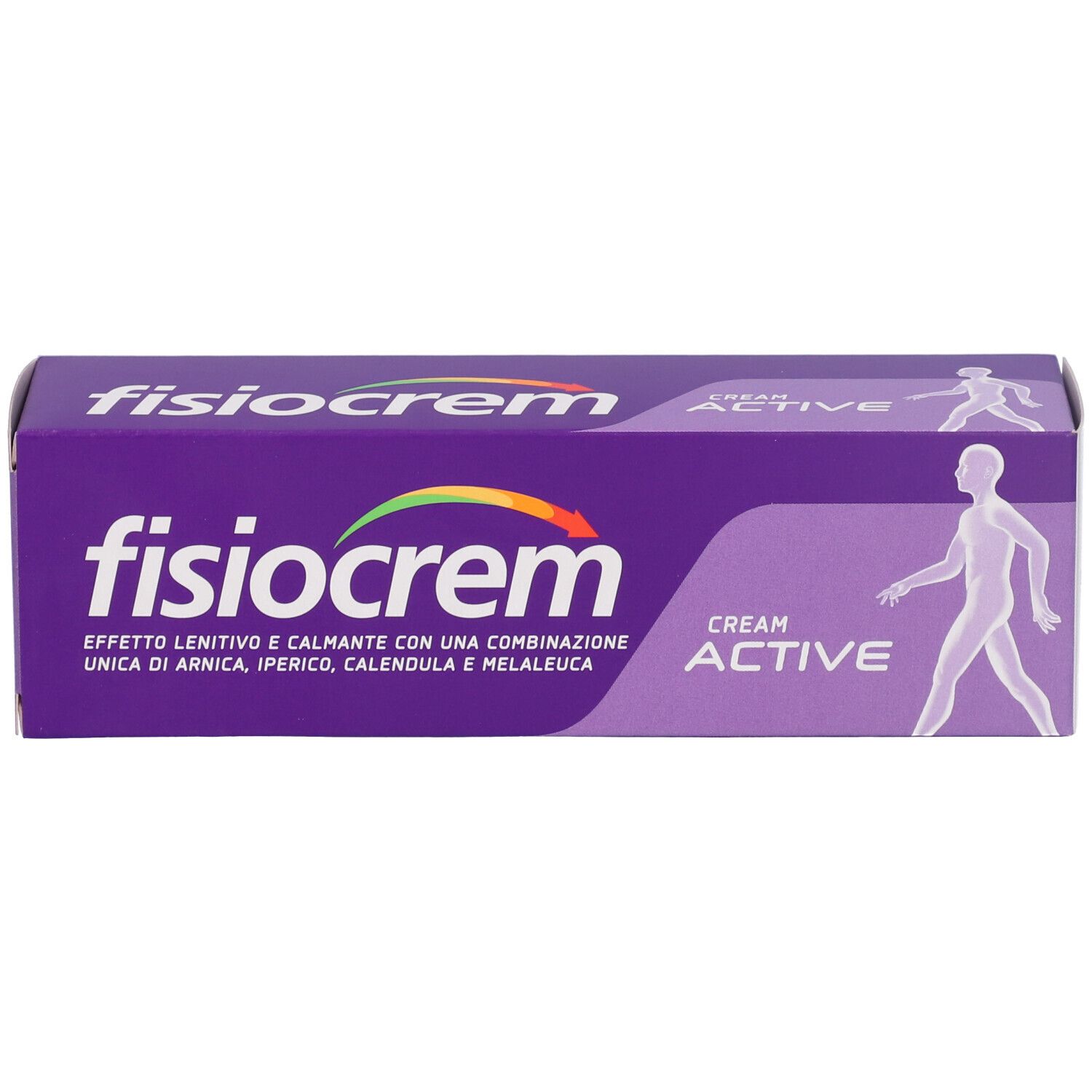 Scatola viola con stampa bianca. Fisiocrem Cream Active. Contiene Arnica, Hypericum, Calendula, Melaleuca. Vista frontale.