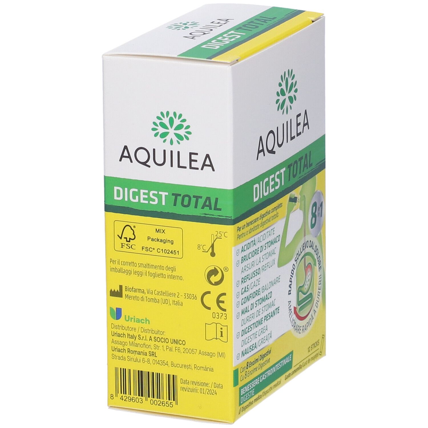 Retro della confezione AQUILEA DIGEST TOTAL. Informazioni su produttore, ingredienti e certificazioni.