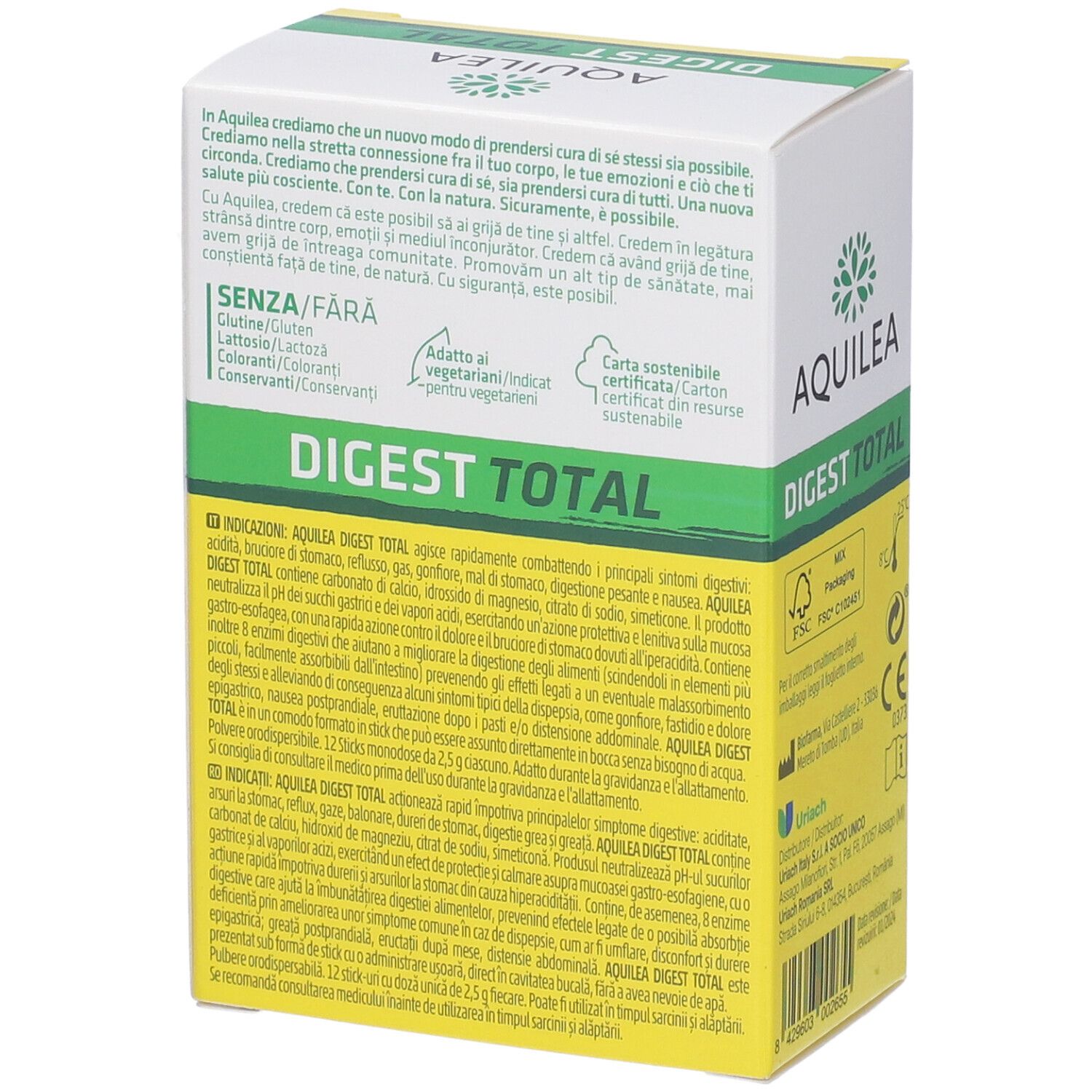 Lato della confezione AQUILEA DIGEST TOTAL. Sezioni di testo sul prodotto e i suoi benefici.