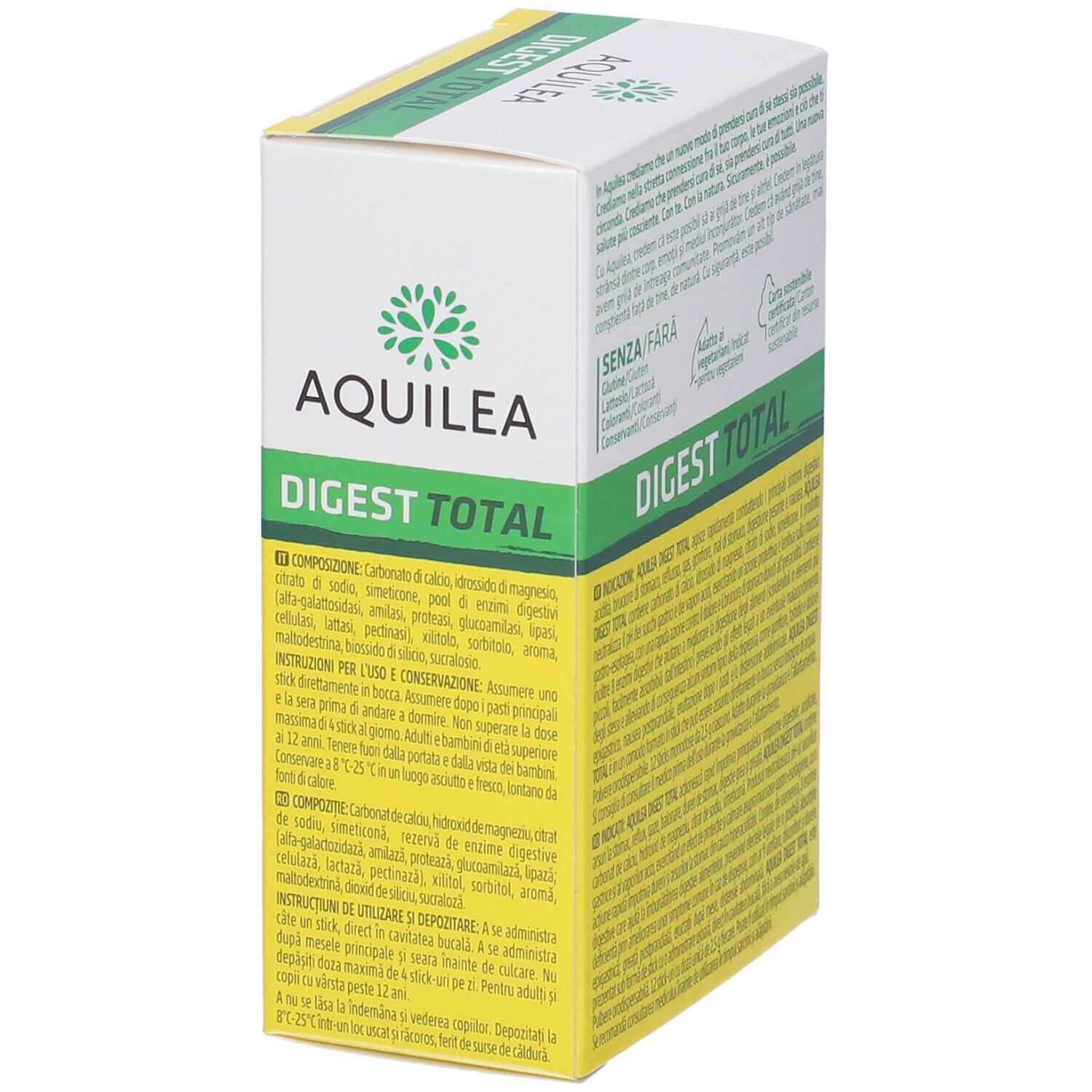 Lato della confezione AQUILEA DIGEST TOTAL. Elenco degli ingredienti e istruzioni per l'uso.