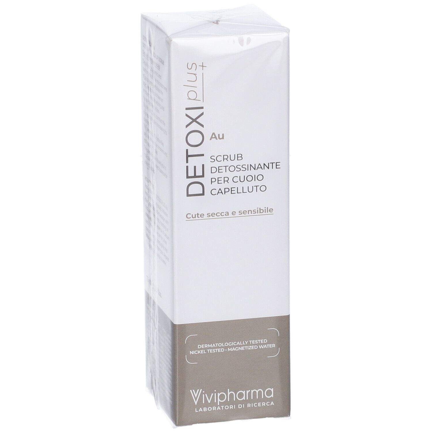 Scatola bianca con stampa del prodotto. Testo: Detoxi Plus Au Scrub Detossinante per Cuoio Capelluto. Dermatologicamente testato. Logo Vivipharma.