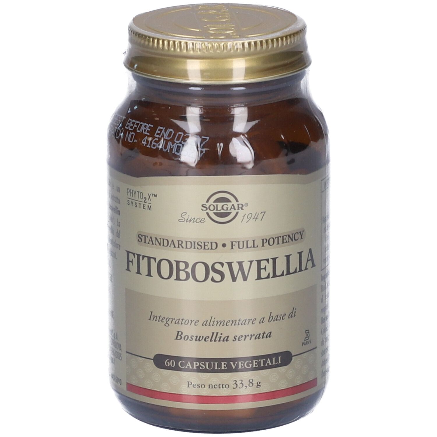 Flacone di vetro marrone con tappo dorato. Etichetta con FITOBOSWELLIA e 60 capsule. Marchio SOLGAR.