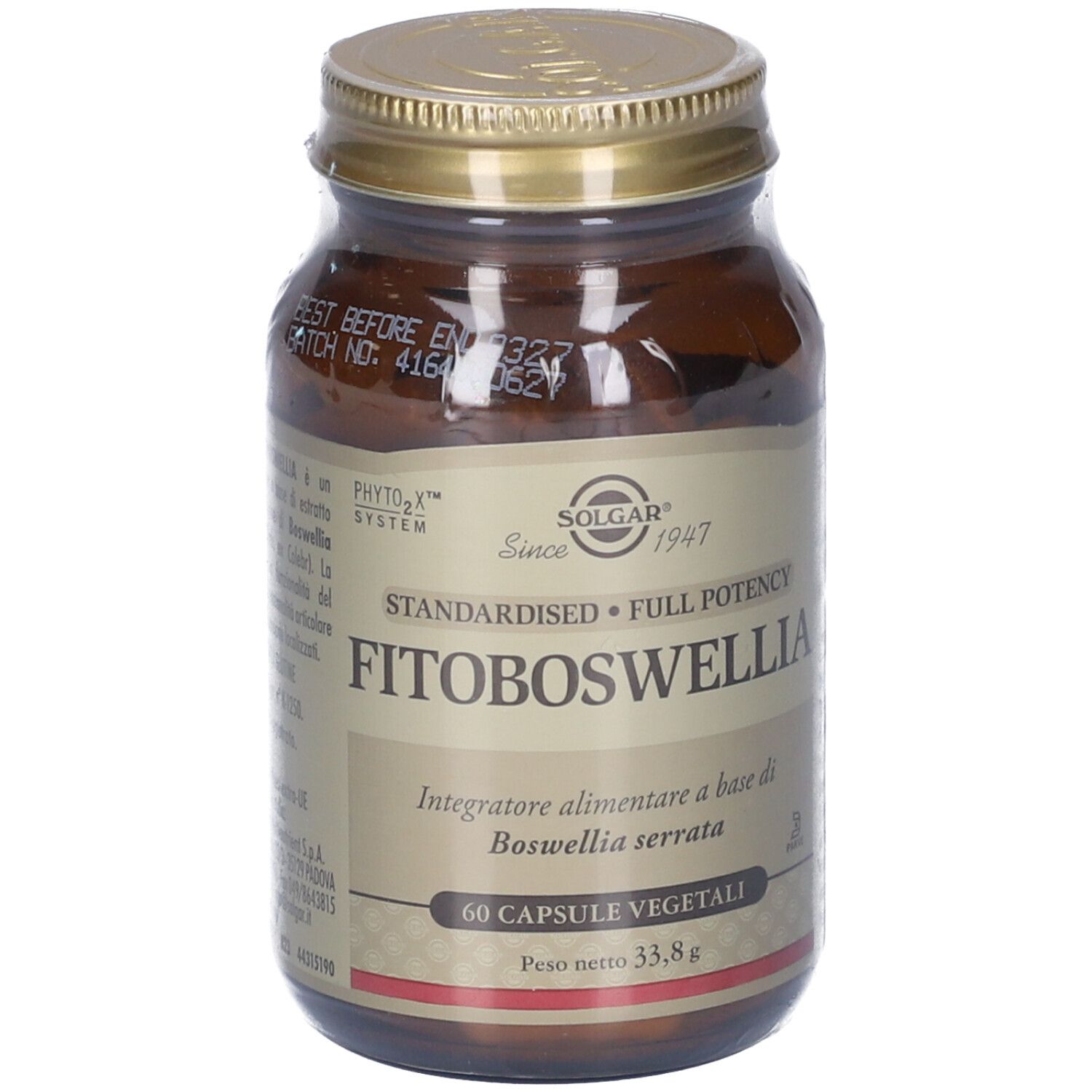 Flacone di vetro marrone con tappo dorato. Etichetta con FITOBOSWELLIA e 60 capsule. Marchio SOLGAR.