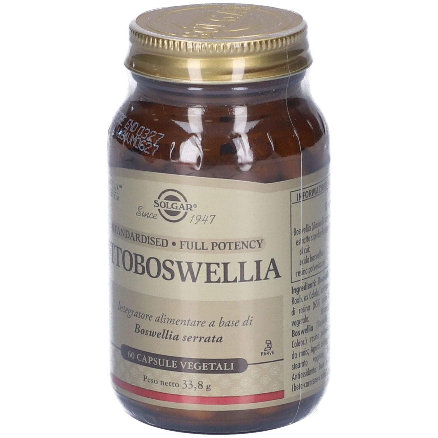 Flacone di vetro marrone con tappo dorato. Etichetta con FITOBOSWELLIA e 60 capsule. Marchio SOLGAR.