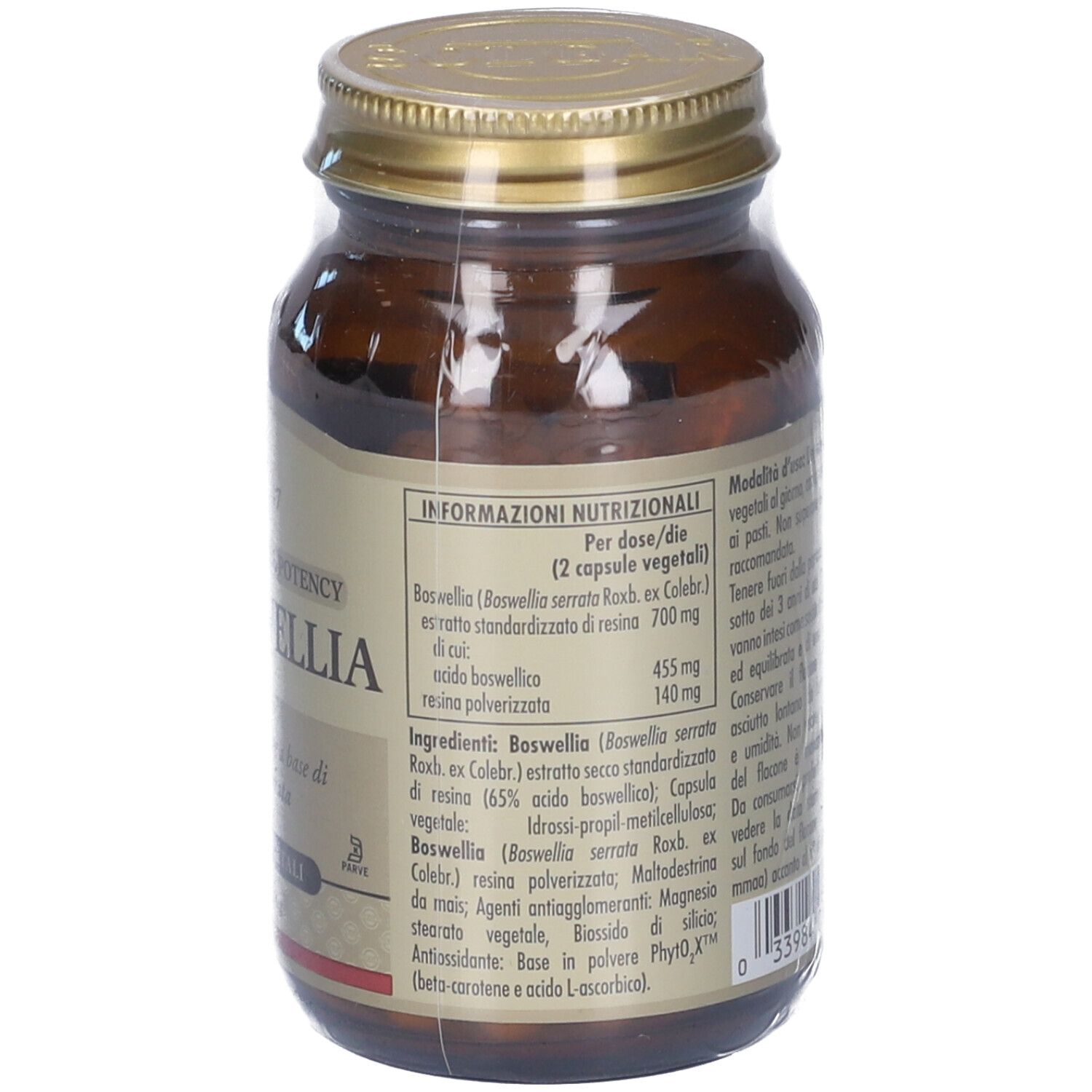 Flacone di vetro marrone con tappo dorato. Retro con informazioni nutrizionali. Marchio SOLGAR.
