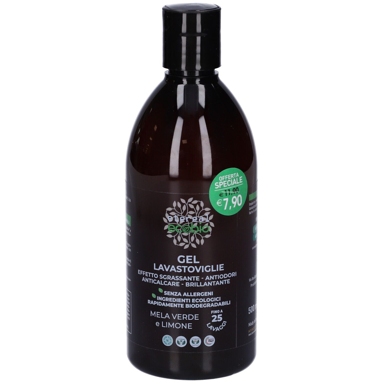 Bottiglia marrone con etichetta verde. Scritto: Gel Lavastoviglie Ecobio, Mela Verde e Limone. Prezzo: 7,90€.