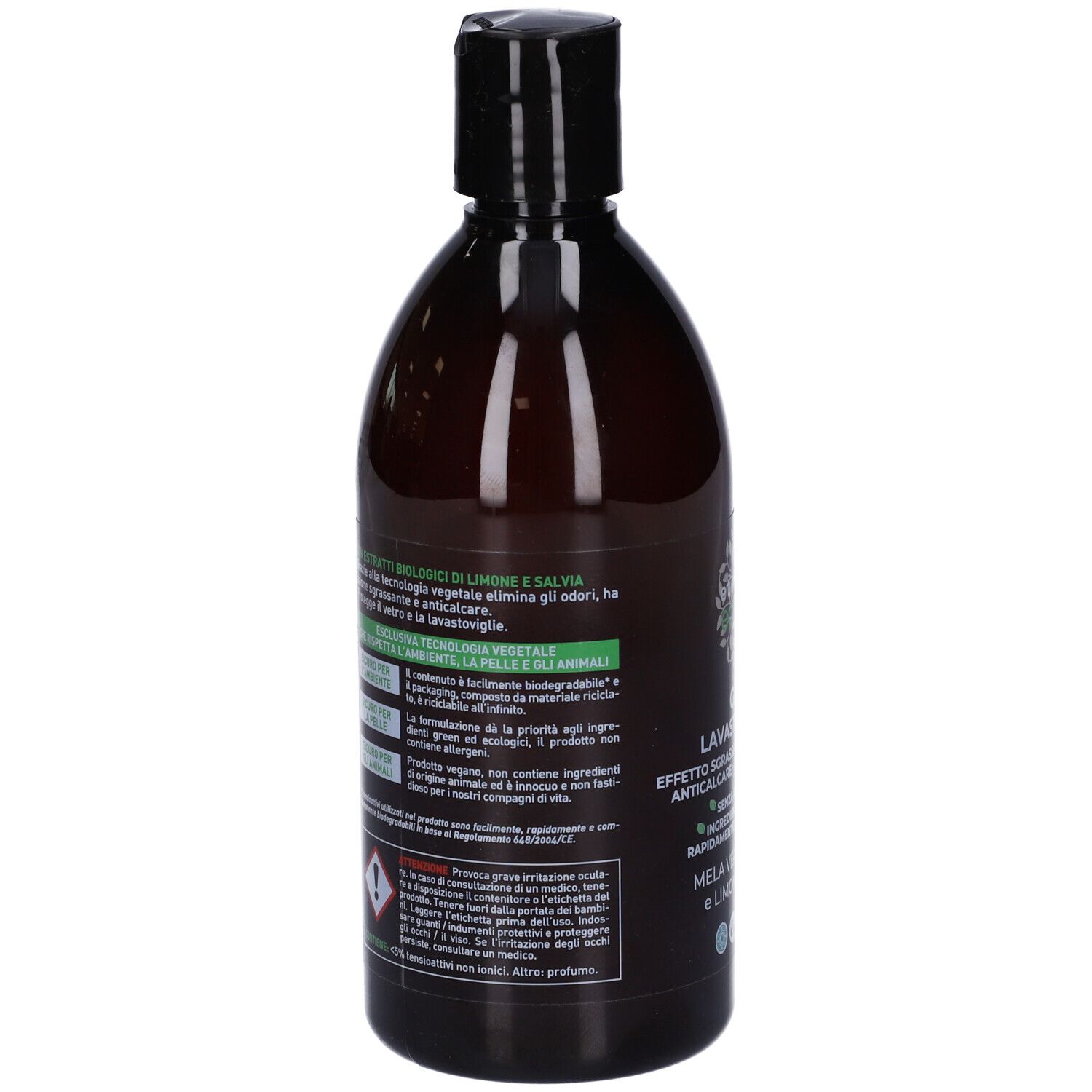 Retro della bottiglia marrone. Testo: Gel Lavastoviglie Ecobio. Ingredienti, avvertenze e informazioni per l'uso.