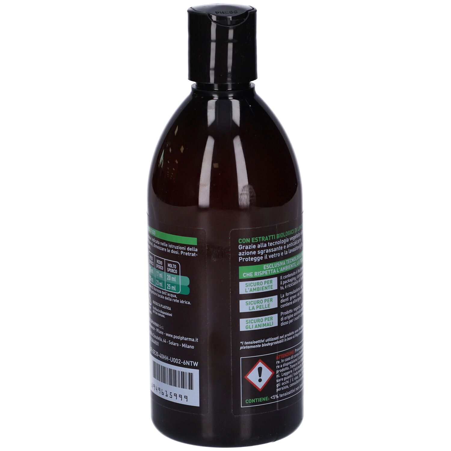 Retro della bottiglia marrone. Testo: Gel Lavastoviglie Ecobio. Informazioni sugli ingredienti e l'ambiente.