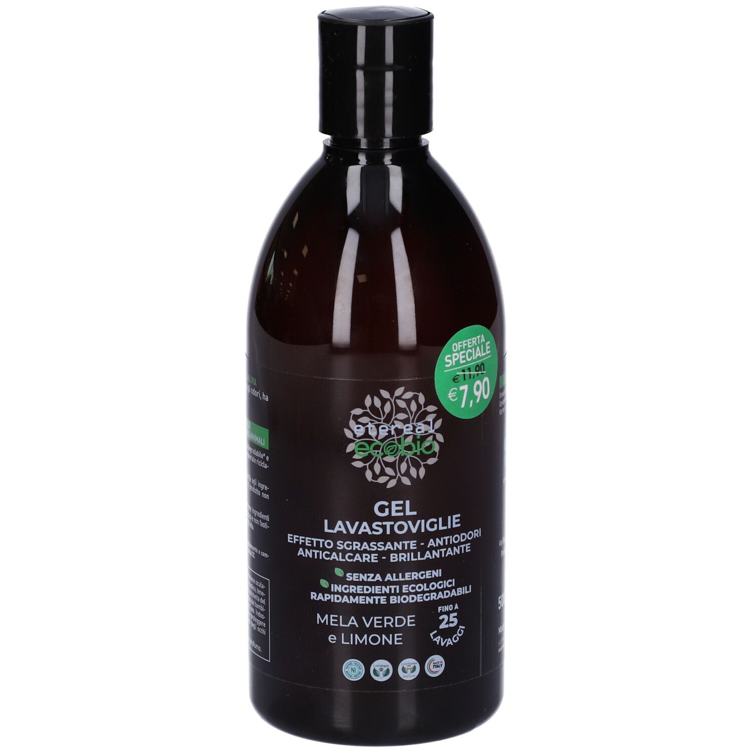 Bottiglia marrone con etichetta verde. Scritto: Gel Lavastoviglie Ecobio, Mela Verde e Limone. Prezzo: 7,90€.