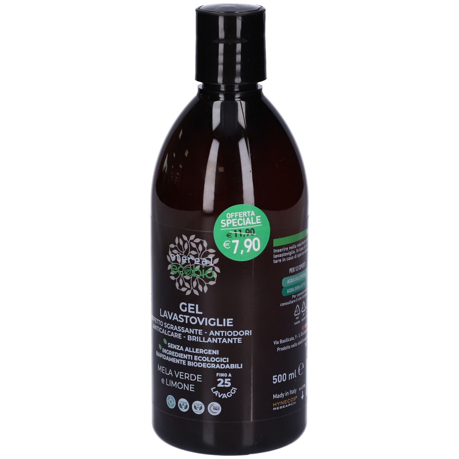 Bottiglia marrone con etichetta verde. Scritto: Gel Lavastoviglie Ecobio, Mela Verde e Limone. Prezzo: 7,90€.