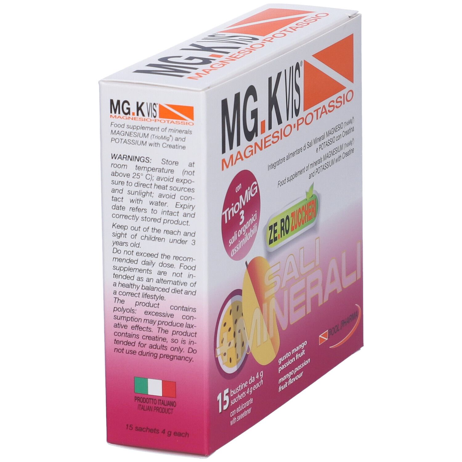 Vista angolata della confezione MG.K VIS Magnesio e Potassio. 15 bustine, gusto mango-frutto della passione.