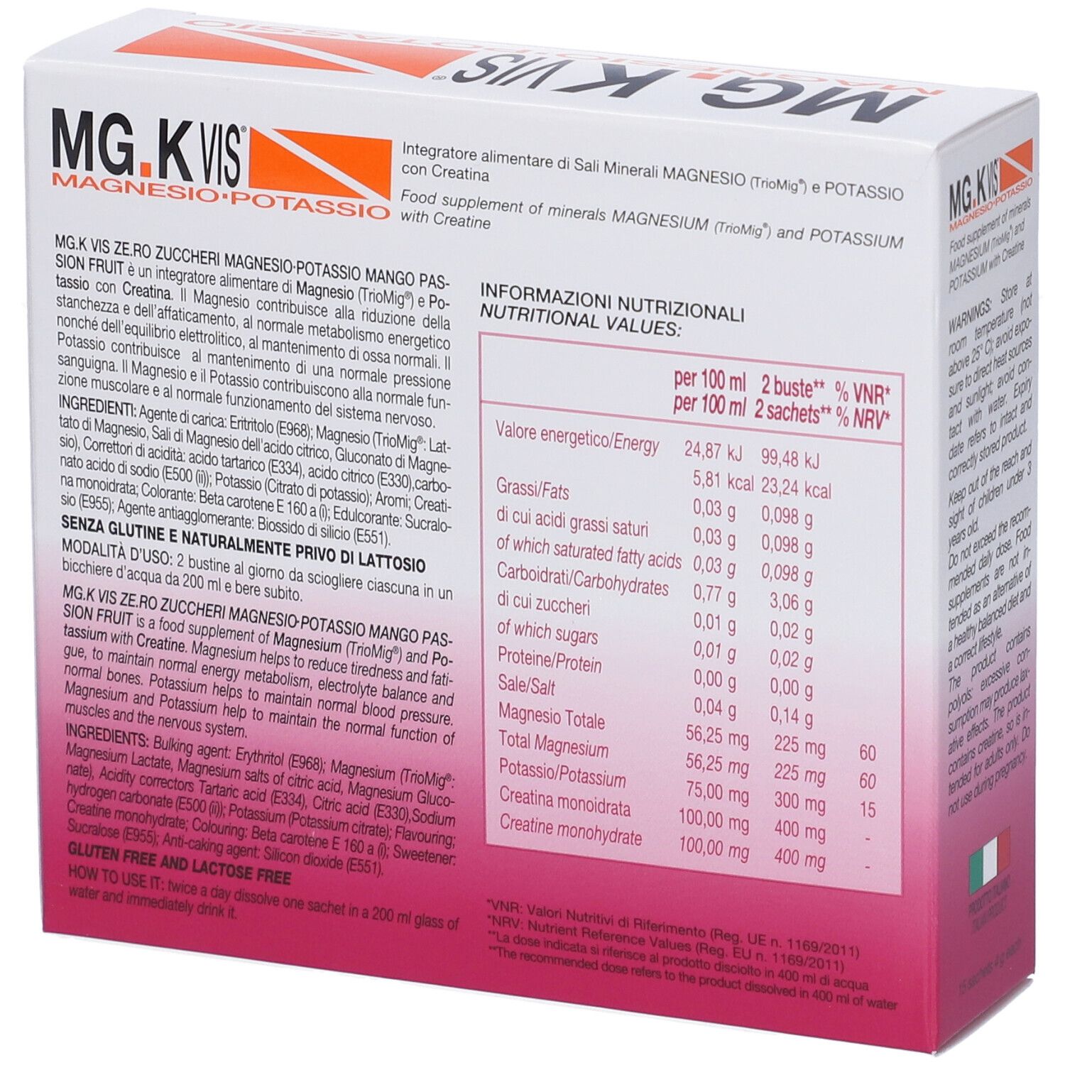 Retro della confezione MG.K VIS Magnesio e Potassio. Contiene informazioni nutrizionali e ingredienti.