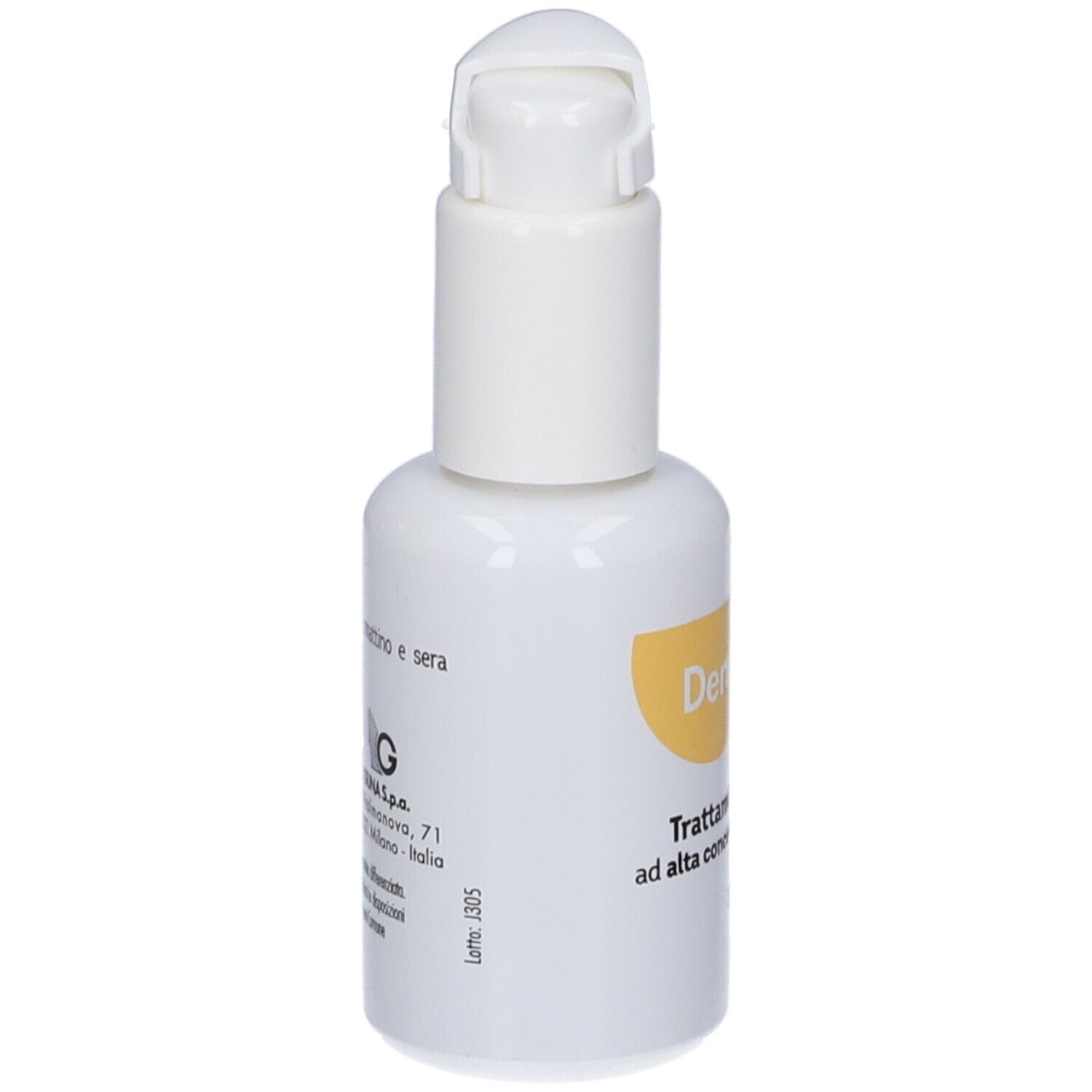 Flacone bianco con dosatore. Etichetta con cerchio giallo e scritta. Testo in italiano. Informazioni del produttore.