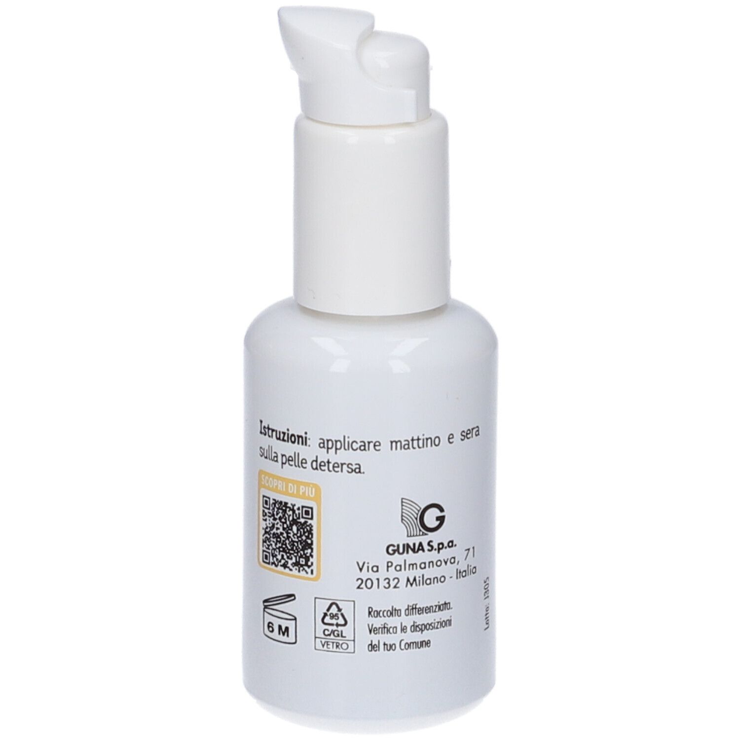 Flacone bianco con dosatore. Etichetta con cerchio giallo e scritta. Codice QR e testo in italiano. Simbolo 6M.