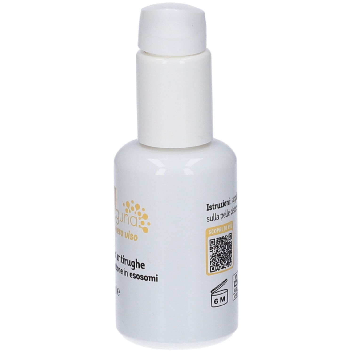Flacone bianco con dosatore. Etichetta con cerchio giallo e scritta. Codice QR e testo in italiano. Simbolo 6M.