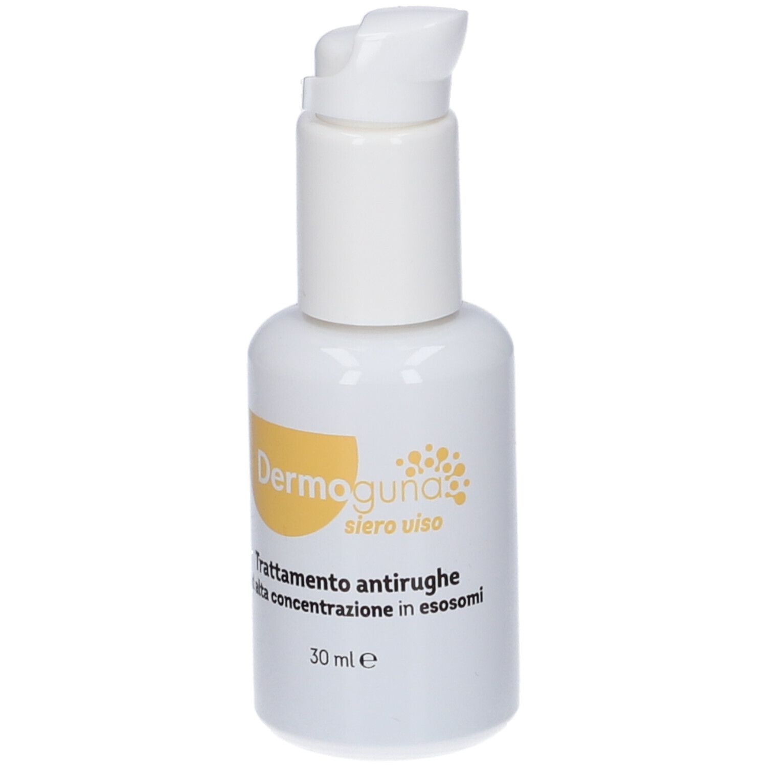 Flacone bianco con dosatore. Etichetta con cerchio giallo e scritta Dermoguna Siero Viso Antirughe. 30 ml.